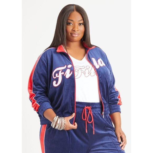Fila Women's Valery Logo Zip Front Velour Jacket Blue/Red 4X - Picture 2 of 3
